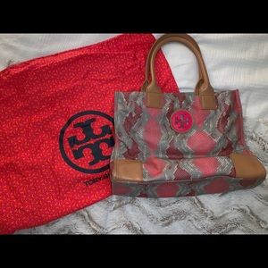 Tory Burch pink snake skin small tote
